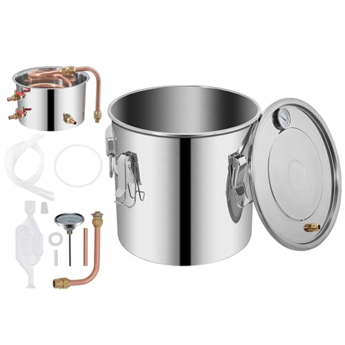 Happybuy 3Gal/12L Stainless Steel Alcohol Still Distiller with Copper Tube & Built-in Thermometer for Home Brewing Whisky, Wine, & Brandy - Silver