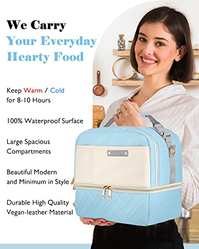 Glorieroo® Lunch Bag Women Men, Large Insulated Lunch Box Tote Cooler - Stylish Vegan Leather 2 Tier Lunch Bag With Adjustable Shoulder Strap For Adults Travel Work, Blue #TOP3