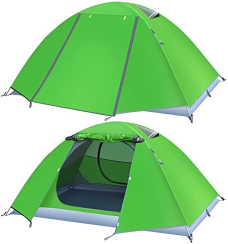 2 Person Camping Tent Waterproof, Double Layers Backing Tent Aluminum Pole with 2 mesh Door & 2 mesh Window, Ultralight, Portable and Easy Setup for Family Hiking