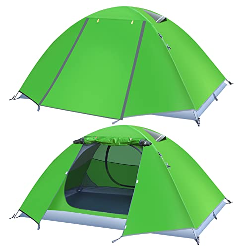 2 Person Camping Tent Waterproof, Double Layers Backing Tent Aluminum Pole with 2 mesh Door & 2 mesh Window, Ultralight, Portable and Easy Setup for Family Hiking