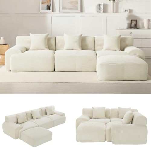Image of 107 inch Cloud Modular Sectional Couch,Boneless Sofa with Ottman,L-Shape Upholstered Sofas with Deep Seat,Modern Cozy Corduroy Couches with Memory Foam,No Assembly Required (Beige)