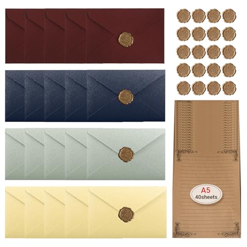 JOWILIN 80 Pcs Vintage Invitation Envelopes Set 4 Colors 20 Pcs 16 11.3CM Linen Texture Envelopes with 20 Wax Seal Stickers & 40 A5 Elegant & Luxury for Wedding Graducations Greeting Cards