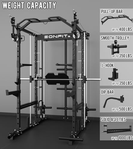 Image of Eonfit E5 Smith Machine with Vertical Leg Press, Power Cage Squat Rack with LAT-Pull Down Cable Crossover Rotating Arms System Home Gym Equipment All in One