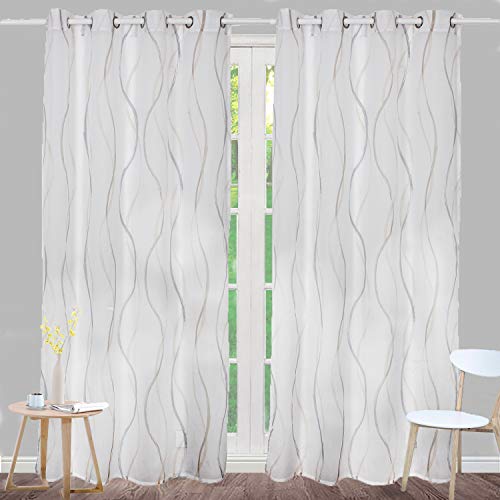 SIMPVALE 2 Unidades Cortinas Visillos con Ojales - Cortina con Diseño de Rayas Transparente Voile para Dormitorio y Salón Habitación Balcón, Marrón Claro, 140x175cm