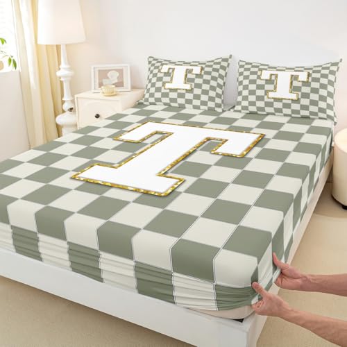 Image of Erosebridal Sage Green Checkered Sheet Set King Plaid Initial T Bed Sheets Personalized Monogram Bedding for Kids Boys Girls,Fashion Grids Gingham Bed Sheets Set 4 Piece