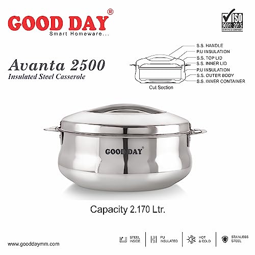 Image of Good Day Avanta Stainless Steel Casserole | Hot Box for Kitchen | Insulated Roti Box | Hot Pot Gift | Stainless Steel|2500| Silver|
