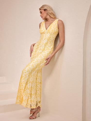 Image of Parthea Summer Wedding Guest Dresses for Women V Neck Backless Elegant Sleeveless Floral Lace Bodycon Maxi Dress
