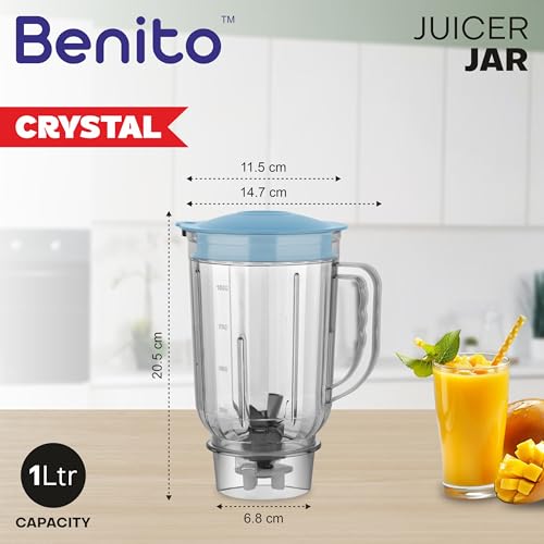 Image of Benito Crystal Transparent Polycarbonate Juicer Jar (1L) for Mixer Grinder - Compatible with 4-Teeth Coupler & Dual Locking System