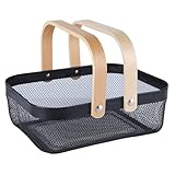 AJIODA Metal Mesh Steel Basket, Storage Organizer Basket Garden Harvest Basket Multi-functional Kitchen Fruit Baskets Bin with Wooden Handle for Bathroom Picnic Shopping Decor Cabinet Home, Black