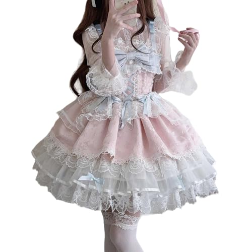 Cuteighteen Vestido de Princesa Lolita sin Mangas para Adolescentes Kawaii Ballet Encaje Volantes en Capas Victoriano Elegante Vestidos de Fiesta Cóctel, Rosa, S