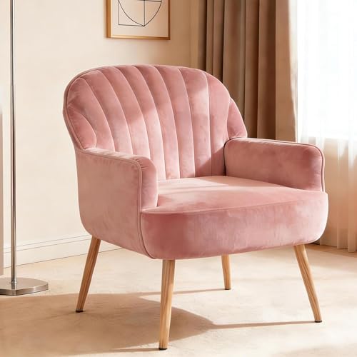 Qinazoe Pink Velvet Accent Chair for Living Room Upholstered High Back Accent Chair with Metal Legs and Arm for Bedroom Office Cafe (Pink)