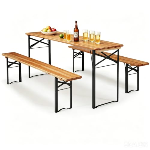 AVAWING 5.8FT 3-Piece Portable Picnic Table Bench Set, 6-8 Person Folding Wooden Dining Table Set，70' Patio Beer Table for Outdoor Activities Garden BBQs Parties Camping