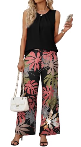 WIHOLL Two Piece Sets for Women Vacation Summer Outfits Beach Vacation Clothes Lounge Sets Casual Fashion Airport Travel Matching Set Clothing Wide Leg Pants Set 2026 Pajamas M
