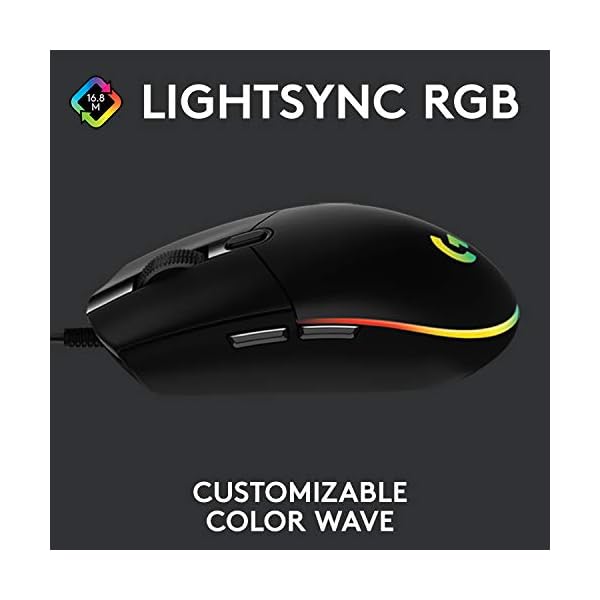 Logitech G203 Wired Gaming Mouse, 8,000 DPI, Rainbow Optical Effect LIGHTSYNC RGB, 6 Programmable Buttons, On-Board Memory, Screen Mapping, PC/Mac Computer and Laptop Compatible - Black - Image 3
