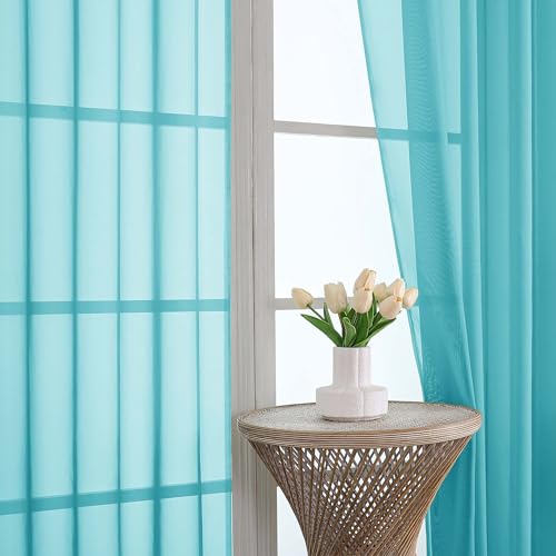 Image of OVZME Turquoise Bedroom Curtains 2 Panel Sets 96 Inch Length, 59 Inch Extra Wide Light Filtering Voile Drapes Light Airy Window Drapes for Patio Door Living Room Bedroom Dining, 59Wx96L Inches