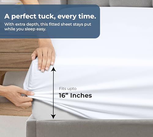 Image of ROYALE LINENS Fitted Sheet with Pillowcase - Twin XL Fitted Sheets with 1 Pillowcase - 300 Thread Count 100% Organic Cotton - Fit Mattress Up to 18 inch Deep - Soft & Breathable - White (No Flat Sheet)