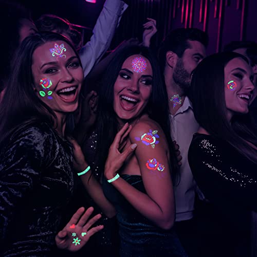 12 Sheets Large Glow In The Dark Tattoo Neon Temporary Makeup, Rave Festival Accessory, Fake Face Butterfly Tattoo Uv Blacklight For Women Party Supplies (Stylish Style) #TOP5