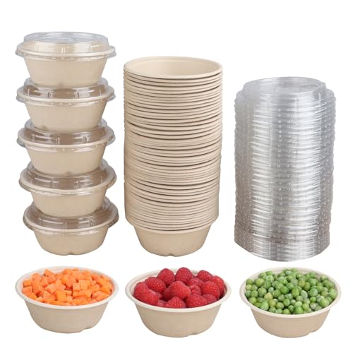 JAYEEY 10 oz Round Disposable salad bowls with lids, Sugarcane