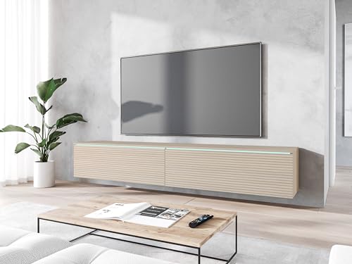 MINIO go for it, Lowboard TV Donna, 180 cm, Debout ou Suspendu, Meuble Salon, Panneaux de Particules stratifiés, Chêne Gaia avec Motif à lamelles, Éclairage LED