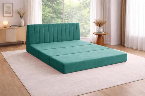 Image of Rosebell -3 Seater Upholstered Armless Sofa Cum Bed with Backrest | Velvet Fabric Finish | Modern Living Room & Bedroom -Green