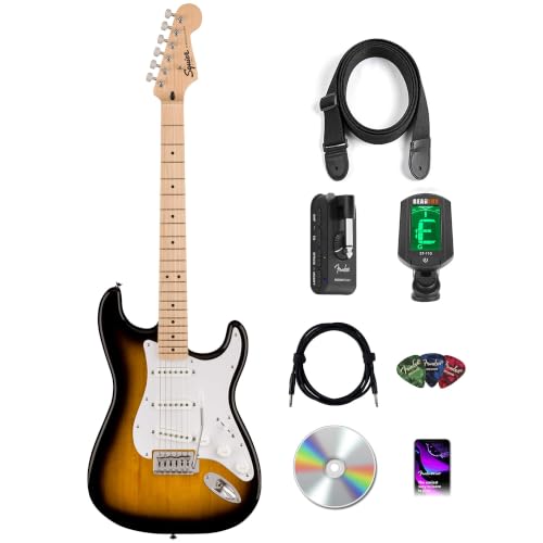 Image of Fender Squier Sonic Stratocaster - 2-Color Sunburst Bundle with Mustang Micro Headphone Amp, Cable, Tuner, Strap, Picks, and Austin Bazaar Instructional DVD