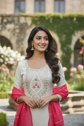 Image of GRECIILOOKS Kurta Sets for Woman | Kurti Set | Women's 3 Piece Dupatta Set | Silk Cotton Kurta Sets for Woman | Elegant Suit Set for Women Cotton | Women Kurta with Dupatta Cotton