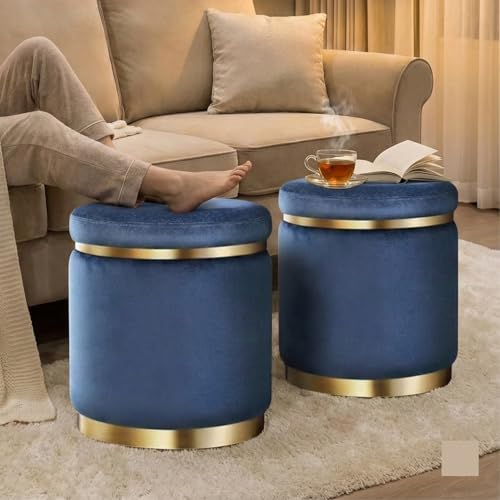 Image of Decorative Ottoman Pouffes for Sitting - Two-Piece Set of Puffy Stools and Footstools - Round Ottoman Stool for Living Room Furniture (Blue)