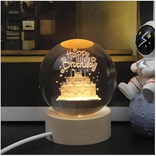 Image of 3D Happy Birthday Crystal Ball Night Lamp, Crystal Ball Night Light with USB, LED Wooden Base Table Lamp for Bedroom Home Office Decoration Birthday Gift for Boys and Girls