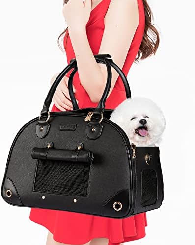 Sasapet Dog Carrier, Pet Carrier, Dog Purse, Foldable Premium PU Leather Cat Carrier, Portable Tote Bag Carrier for Cats and Small Dogs - Black