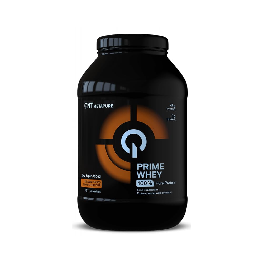 QNT Prime Whey brownie chocolat belge, 79% de Whey Protéine, contient de l’isolat de whey, aide à augmenter le volume et la force des muscles, riche en BCAA et sans sucre ajouté, 908g, 30 doses
