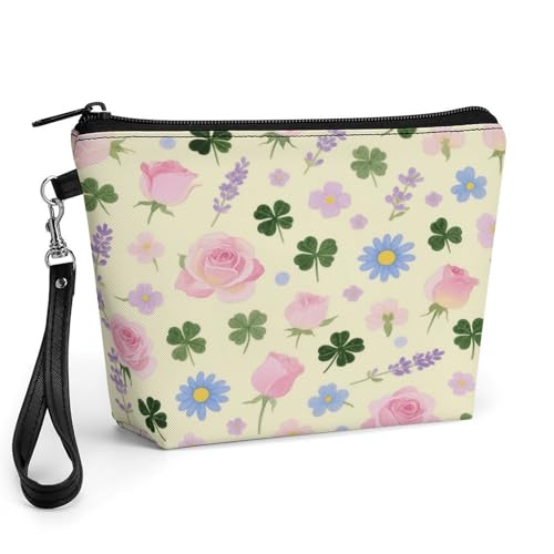Bolsa de maquillaje de piel sintética con asa y estampado floral elegante