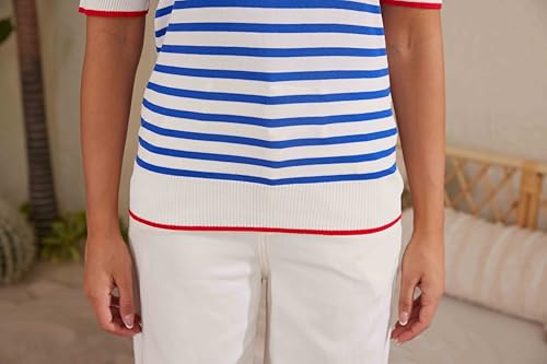 Image of Womens Tops Summer Short Sleeve Shirts Striped Sweater Cute Casual Top Trendy Women Clothing Crewneck Knit Blouses