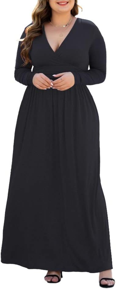 Women's L-5XL Long Sleeve V-Neck Plus Size Maxi Dresses with Pockets - Image 5