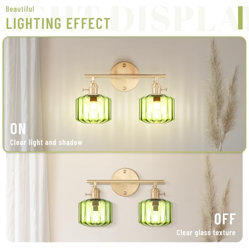 Image of Bathroom Vanity Lighting Mid Century Wall Sconce 2-Light Farmhouse Gold Brass Brushed Bathroom Wall Light Fixtures with Green Striped Hand Blown Glass Shade for Bedroom Living Room