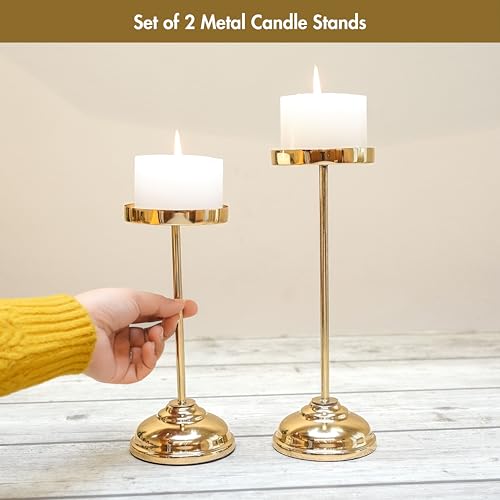Image of Behoma Handcrafted Large Metal Pillar Candle Holders | Table Centerpieces Coffee Tables or Fireplace Mantels | Solid Candles Stand for Christmas, Home Decor, Gift, Valentine's Day | Gold, Set of 2 | Oval stainless steel platter with brass leaf handle, 13 inch; elegant serveware for Navratri & Durga Puja.