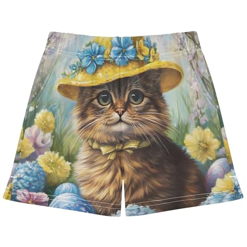 Girls Cute Easter Cat Yellow Hat Lounge Shorts Kids Floral Print Athletic Summer Pajama Shorts, X-Small
