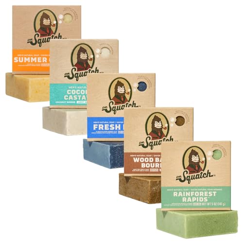 Dr. Squatch Men's Natural Bar Soap Made from Natural Oils - Cold Process Soap with No Harsh Chemicals - Summer Citrus, Coconut Castaway, Fresh Falls, Wood Barrel Bourbon, Rainforest Rapids (5 Pack)