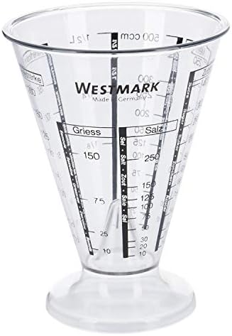 Westmark Measuring Beaker, with Precision Measuring Cone, Multilingual Measuring Scales and Various Units of Measurement, Funnel Shape, Volume: 0.5 Litres, Plastic, Gerda, Transparent, 30762270