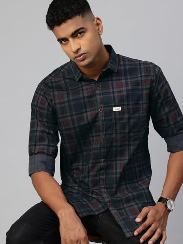 Image of Majestic Man Men Comfort Slim Fit Opaque Checked Pure Cotton Casual Shirt
