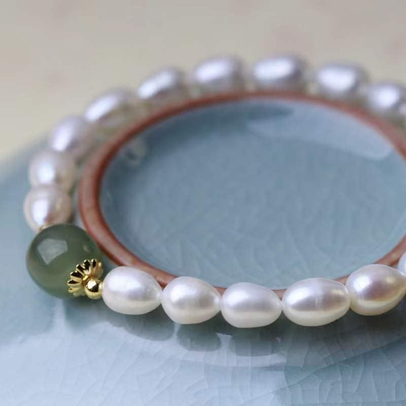 Green Jade Pearl Bracelet for Women, Natural Baroque Freshwater Pearls, 14K Gold Plated Beaded Stretch Bracelet, Lucky Jewelry Gift for Her (Pearl with Green Jade) - Image 2