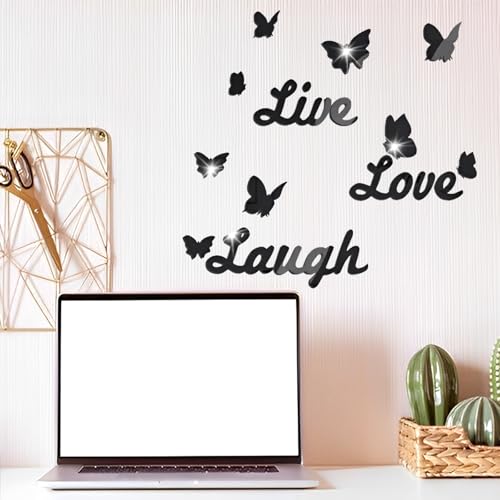 WATUNID Love Live Laugh Wall Stickers, 3D Mirror Wall Decor, Black Butterfly Mirror Stickers for Walls, DIY Mirror Effect Mural Stickers, Removable Motivational Wall Decals for Living Room Bedroom - Image 4