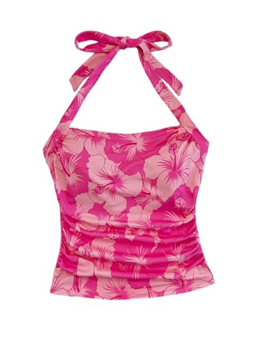 WDIRARA Girl's Floral Ruched Halter Top Sleeveless Tie Backless Vacation Tank Tops