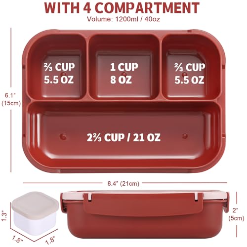 Image of shell and turtle Bento Box Adult Lunch Box, Lunch Containers for Kids Girls Boys with 4 Compartments, Lunchable Food Container with Utensils, Sauce Jar, Muffin Liners, 40 Oz /5 Cup, Retro Red
