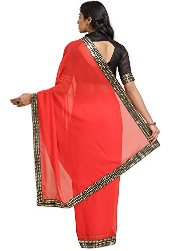 Image of AKHILAM Women's Lace Border Solid Georgette Saree with Unstitched Blouse Piece(Red CRNTON57001 M)
