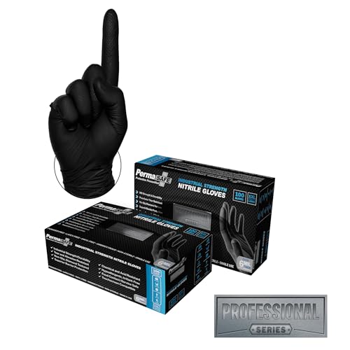 PermaSafe HD Black Disposable Nitrile Industrial Gloves, 6+ Mil, Latex-Free, Raised Textured, Mechanics, Medical, Food, More - Large Box of 100