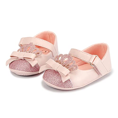 Image of Sawimlgy Baby Girls Mary Jane Sequins Crown Flats PU Leather Wedding Party Princess Ballet Shoe Infant Rubber Sole Prewalker Toddler First Crib Shoes