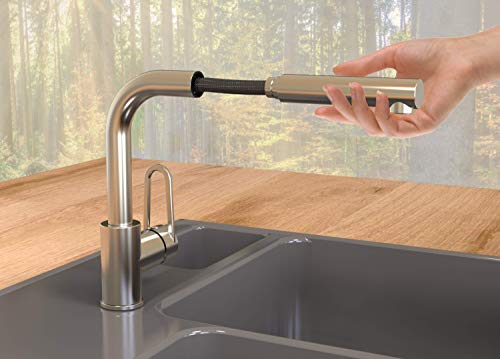 SCHÜTTE 26238 DESIGN RING Spültischarmatur, Wasserhahn Küche mit Geschirrbrause, Energie-und Wassersparfunktion für mehr Nachhaltigkeit, Edelstahl-Optik