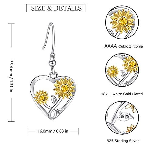Silver Sunflower Heart Earrings For Women - 925 Sterling Silver Sunflower / Daisy Heart Dangle Earrings, Valentines Mothers Day Christmas Gifts Sunflowers Daisy Heart Dangle Earrings Jewelry For Girls (Sunflowers Heart Earrings) #TOP5