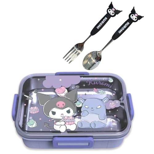 Roffatide Cartoon Cute Kuromi Printed All-in-One Bento Boxes with Spoon Fork Kawaii 4-Point Lock Type Lunch Box Containers for Food Fruit Snack Kurom(spoon+fork) LYS25003
