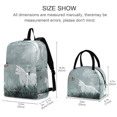 Backpack Lunch Bag Set Cat with Butterfly Print, Big Storage Travel Backpacks with Insulated Lunch Box for Office Hiking Picnic2